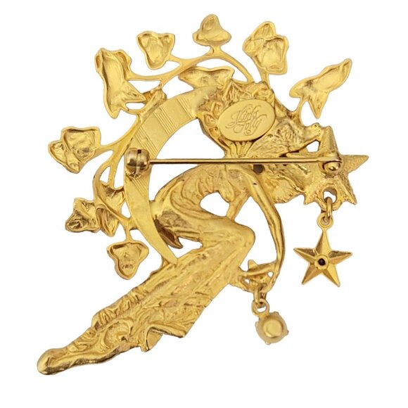 Kirk's Folly Gold Tone  Beautiful Fairy On A Crescent Moon Star Dangle Brooch - Picture 7 of 9